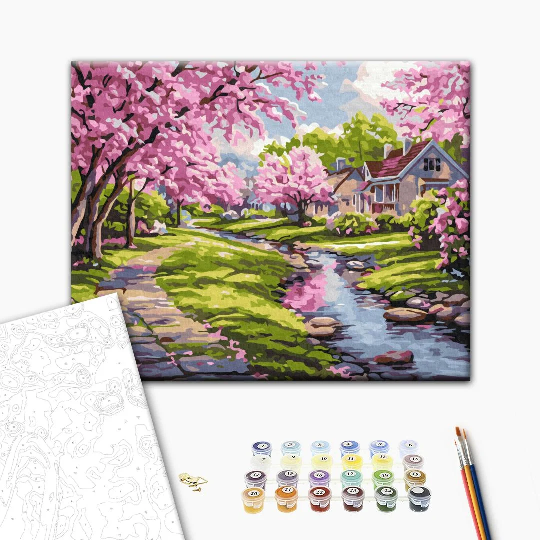 Paint by numbers Sakura near the house - Image 3